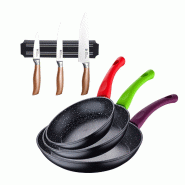 BERGNER - Set de 3 poêles Ø18/Ø22/Ø26cm Jolie en aluminium forgé compatible induction avec Jeu de 3 couteaux en acier inoxydable avec support mur