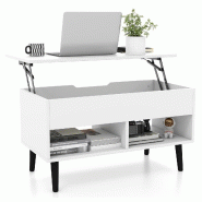 COSTWAY Table basse réglable, avec plateau relevable et 2 étagères ouvertes, en bois, 80x40x44,5-58cm (Blanc) - blanc Bois manufacturé VH35342IT