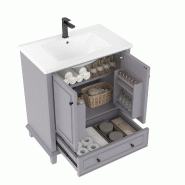 Merax Meuble sous Lavabo 76x46x87cm, Meuble de Salle de Bain Autoportant avec Lavabo en Céramique, Etagères de Porte, Tiroir, Gris - gris multi-mat�