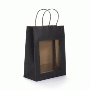 Sac kraft fenêtre noir poignées torsadées 22x11x28cm - par 12 - 80% recyclé