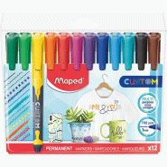 Maped Custom - Marqueur permanent fin pochette de 12 - Couleurs assorities - Pointe fine 2mm - Multi surface - 3154147345474