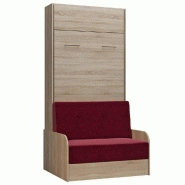 ARMOIRE LIT ESCAMOTABLE DYNAMO SOFA CANAPÉ ACCOUDOIRS CHÊNE NATUREL TISSU ROUGE 90*200 CM