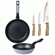 BERGNER - Jeu de 2 Poêles Ø20/26 cm en Aluminium Embouti Compatible Induction avec Jeu de 3 Couteaux de Cuisine en Acier Inoxydable - PK9515