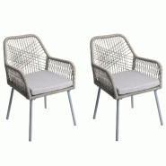 Décoshop26 - Lot de 2 chaises de jardin motif graphique aéré en aluminium gris corde tressée et coussins crème inclus 04_0009692 - beige aluminiu