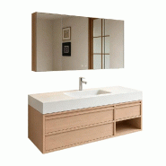 Meuble de Salle de Bain avec Vasque en Pierre Frittée, Meuble Suspendu, Armoire Miroir LED et Évacuation 120×55 cm【RW720JG-120】 - 0784931050289