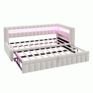 Merax lit rembourré 90x200 cm avec lit gigogne 90x190 cm, banquette, côté haut gauche, LED, USB-C, rangements, velours beige - beige multi-matéria