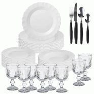 San Ignacio - Service de vaisselle 24 pièces blanc en verre opalin avec lot de 8 verres à vin de 250 ml et ménagère 32 pièces en acier inoxydable
