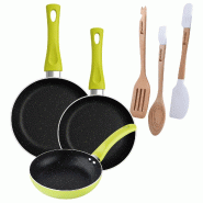 BERGNER - Ensemble de 3 poêles Ø20/Ø24/Ø28 cm en aluminium embouti Molen Vert avec ensemble de 3 ustensiles en silicone et bois - PK9378