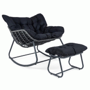 COSTWAY fauteuil à bascule avec repose-pieds, fauteuil oscillant extra-large avec coussin épais amovible, fauteuil de jardin charge max 150 kg, noir COSTWAY fauteuil à bascule avec repose-pieds, fauteuil oscillant extra-large avec coussin épais amovible, fauteuil de jardin charge max 150 kg, noir