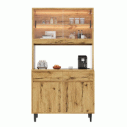 Merax Buffet LED 100x40x185 cm, armoire haute avec plan de travail, prises et USB, rangement, station café, chêne - Bois manufacturé N634D0038E Merax Buffet LED 100x40x185 cm, armoire haute avec plan de travail, prises et USB, rangement, station café, chêne - Bois manufacturé N634D0038E
