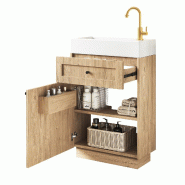 Merax Meuble sous-vasque 46 x 26 x 87 cm avec vasque en céramique, tiroir, étagère de porte et trou pour robinetterie latéral, aspect bois naturel_0