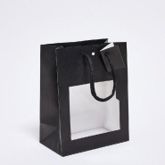 Sac luxe gauffré noir fenêtre poignées papier noir 18x10x22,7 cm - par 10