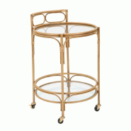 Mauro Ferretti Chariot Rond Panama Style Bohème Chic - Structure En Métal Avec Garniture En Rotin, Deux Étagères En Verre Et Roulettes - 51 X 51 X