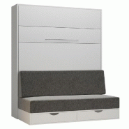 ARMOIRE LIT ESCAMOTABLE KOMPACT SOFA CANAPÉ TIROIRS BLANC MAT TISSU GRIS COUCHAGE 160*200 CM