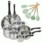 Batterie de 2 poêles 20/28 cm 3 faitouts 16/20/24 cm et 3 casseroles 12/16/20 cm et 5 ustensiles Fackelmann Geneva - gris inox 3176239920338