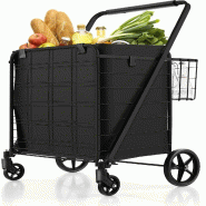 COSTWAY chariot de courses pliable avec sac amovible, 2 paniers et roulettes, jusqu'à 150 kg, noir - noir métal FM32268PW