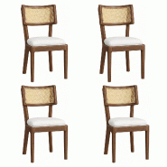 Merax lot de 4 chaises de salle à manger 50 x 58 x 88 cm en bois massif avec dossier en rotin et coussins en lin, aspect noyer et beige - multicolore