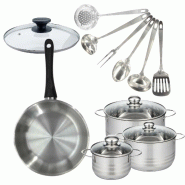 Batterie de cuisine avec 1 poêle 28 cm et 3 faitouts 16/20/24 cm et 7 ustensiles de cuisine Fackelmann Généva Brillant Oxford avec couvercles - gri