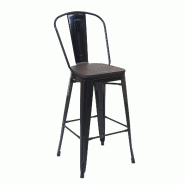Mendler Tabouret de bar HWC-A73 avec assise en bois, chaise de bar, tabouret de comptoir avec dossier, métal design industriel ~ noir - noir Bois mas