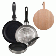 BERGNER - Set de 3 Poêles Ø16/20/24cm en Aluminium Pressé Coloris Gris Métallisé avec Planche à Découper Ronde 38x28x1,5cm en Bois de Hêtre - PK9890