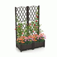 COSTWAY Bac fleuri surélevé avec treillis, palissage & arrosage auto, bac plantation, palissage jardin 80x40x122cm - marron plastique polypropylène