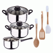BERGNER - Batterie de cuisine 5 pièces 16/18/20cm en Acier Inoxydable compatible induction avec Set de 3 Ustensiles de Cuisine en Silicone et Bois -