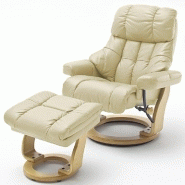 FAUTEUIL RELAX CLAIRAC XL ASSISE EN CUIR CRÈME PIED EN BOIS NATUREL AVEC REPOSE PIED