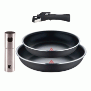 BERGNER - Ensemble de 2 poêles Ø22/26 cm en aluminium pressé noir avec manche amovible et pulvérisateur d'huile/vinaigre Ø4x17,5cm en acier inoxy