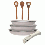 BERGNER - Ensemble 3 Poêles Ø18/20/24cm en Aluminium Pressé Antiadhésif avec Manche Amovible avec Ensemble 3 Pièces Ustensiles de Cuisine en Acac