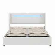 Merax Lit rembourré 160x200 avec bande lumineuse LED, lecteur Bluetooth et chargement USB, lit coffre en cuir PU, lit double blanc - blanc multi-mat�