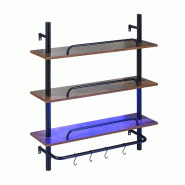 COSTWAY Étagère murale 3 niveaux avec éclairage RGB‑LED,4 crochets S,barre métallique,étagère cuisine bois,80,5×24×97 cm - noir Bois manufac