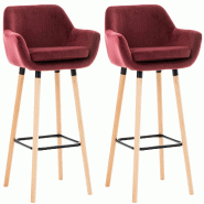 Décoshop26 - Lot de 2 tabourets de bar en velours rouge pieds en bois avec repose-pieds et accoudoirs style rétro moderne 10_0000689 - rouge Bois ma