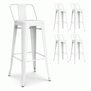 Kosmi Lot de 4 tabourets de bar en métal blanc mat style industriel - Avec dossier - Hauteur 76 cm - noir métal 3760301699132