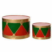 Présentoirs tambours en fer rouge vert et or Ø37xH25 et Ø24xH17 cm