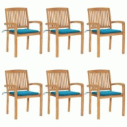 VidaXL Chaises De Jardin Empilables Avec Coussins Lot De 6 Teck Solide - bleu 3073229 VidaXL Chaises De Jardin Empilables Avec Coussins Lot De 6 Teck Solide - bleu 3073229