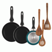BERGNER - Set de 3 Poêles Ø16/20/24 cm en Aluminium Embouti Bleu Métallisé avec Set de 3 Ustensiles de Cuisine en Bois d'Acacia - PK9839