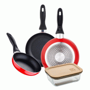 BERGNER - Set 3 poêles Ø16/20/24cm en aluminium pressé compatibles induction Navy Red avec récipient hermétique NATURALLY 650 ml en verre borosil