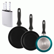 BERGNER - Set de 3 poêles Ø16/20/24cm en aluminium pressé bleu métallisé avec jeu de 3 couteaux en acier inoxydable avec bloc à couteaux - PK9851