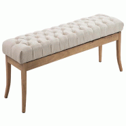 Décoshop26 - Banc design Chesterfield 150 cm avec coutures décoratives tissu crème piétement en bois clair 10_0003698 - Bois massif 3000251723946