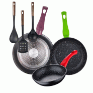 BERGNER - Ensemble de 3 poêles Ø18/22/26 cm Jolie aluminium forgé compatible induction avec Ensemble de 3 ustensiles de cuisine en PBT noir et cuiv