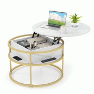 Helloshop26 - Table basse ronde à plateau relevable 80 x 80 x 49 cm avec rangement compartiment caché et étagères latérales en bois 20_0013817 -