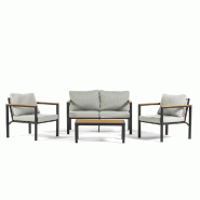 RATTATAN Salon de jardin avec canapé 2 places, 2 fauteuils et table basse en acier corde polywood avec coussins pour jardin terrasse - Ravello - gris