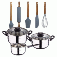 BERGNER - Batterie de cuisine 5 pièces 16/18/20cm en acier inoxydable compatible induction avec 5 ustensiles de cuisine en silicone et bois d’acaci