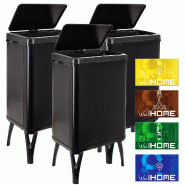 WellHome - Set de 3 Poubelles Intelligentes 40L de couleur Noire avec Étiquettes Magnétiques 35,5x36x71,5cm - noir inox PK6667