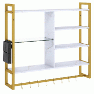 COSTWAY Étagère murale 6 niveaux avec 8 crochets S et poche latérale, étagère exposition cuisine, blanc, 107×24×96 cm - blanc Bois manufacturé