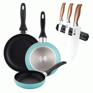 BERGNER - Set de 3 Poêles Ø16/20/24cm en Aluminium Pressé Bleu mat avec Ensemble de 3 Couteaux en acier inoxydable avec Support magnétique mural -