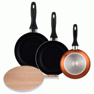 BERGNER - Set de 3 poêles Ø16/20/24cm en aluminium pressé bronze métallisé avec planche à découper ronde 38x28x1,5cm en bois de hêtre - PK9870