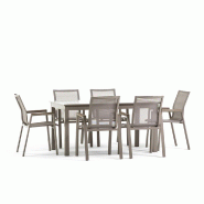RATTATAN Ensemble repas d’extérieur avec, table extensible en aluminium 150/210x90 cm, 6 chaises empilables en textilène et polywood Alvaro et Dev