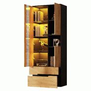 Merax Vitrine  70 x 35 x 180 cm avec application LED, 3 portes vitrées, 2 tiroirs et espace de rangement, aspect bois naturel/noir - multi-matériau_0