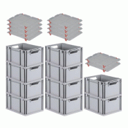 PROREGAL 10x Bac Euro NextGen Economy avec couvercle d'appui et 4 fermetures à glissière rouges poignées ouvertes 22x30x40cm 20L - noir plastique R PROREGAL 10x Bac Euro NextGen Economy avec couvercle d'appui et 4 fermetures à glissière rouges poignées ouvertes 22x30x40cm 20L - noir plastique R